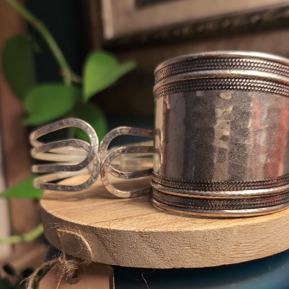 Chic Silver Hammered Cuff Bracelet Set - image 1